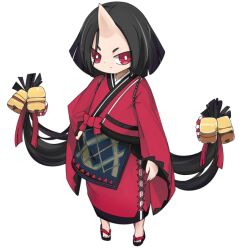 Rule 34 | 1girl, bell, black hair, bright pupils, closed mouth, commentary request, full body, hair bell, hair ornament, horns, japanese clothes, jingle bell, kimono, lets0020, long hair, looking at viewer, onmyoji, red eyes, red kimono, sandals, simple background, single horn, skin-covered horns, solo, standing, v-shaped eyebrows, very long hair, white background, white pupils, wide sleeves, zashiki warashi (onmyoji), zouri