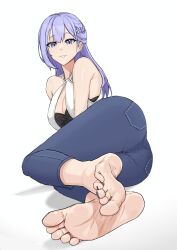 Rule 34 | 1girl, absurdres, ass, barefoot, breasts, cleavage, epijbp, feet, highres, large breasts, light purple hair, long hair, looking at viewer, parted lips, purple eyes, soles, solo, toes