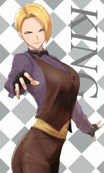 Rule 34 | 1girl, anagumasan, black gloves, blonde hair, blue eyes, bow, bowtie, breasts, character name, checkered background, earrings, fingerless gloves, formal, gloves, highres, jewelry, king (snk), large breasts, ryuuko no ken, serious, short hair, smirk, snk, solo, tagme, the king of fighters, vest