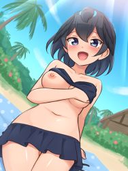 Rule 34 | 1girl, :d, alternate costume, bare arms, bare shoulders, bikini, bikini skirt, bikini top lift, black bikini, black eyes, black hair, blue sky, blush, breasts, clothes lift, collarbone, commentary, cowboy shot, day, hair between eyes, head wings, highres, kemono friends, looking at viewer, medium breasts, navel, nipples, one breast out, open mouth, outdoors, palm tree, shiraha maru, short hair, sky, smile, solo, superb bird-of-paradise (kemono friends), swimsuit, tree, wings