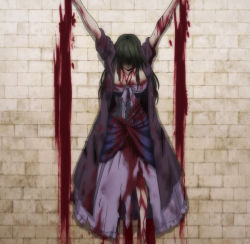Rule 34 | 1girl, black hair, blood, blood on face, breasts, collarbone, corpse, death, dress, female focus, highres, katsute kami datta kemonotachi e, large breasts, long hair, open mouth, screencap, solo, stitched, third-party edit, torn clothes