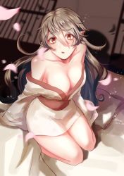 Rule 34 | 1girl, alternate costume, aramu, bare shoulders, breasts, corrin (female) (fire emblem), corrin (fire emblem), fire emblem, fire emblem fates, fire emblem heroes, full body, looking at viewer, medium breasts, nintendo, open mouth, petals, pointy ears, red eyes, seiza, shadow, sitting, sunlight, white hair