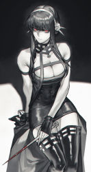 Rule 34 | 1girl, absurdres, arm strap, arm support, bare shoulders, black dress, black hair, blood, bloody weapon, breasts, cleavage, closed mouth, dagger, dress, from above, greyscale, hairband, highres, holding, holding dagger, holding knife, holding weapon, knife, large breasts, long hair, looking at viewer, monochrome, red eyes, rhine (overtonerhine), short dress, short hair with long locks, sidelocks, sitting, spy x family, thighhighs, weapon, yor briar