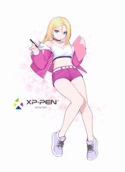 Rule 34 | 1girl, artist name, belt, black choker, blonde hair, blue eyes, breasts, choker, cleavage, closed mouth, cropped shirt, full body, highres, holding, jacket, looking at viewer, medium breasts, navel, official art, open clothes, open jacket, original, pigeon-toed, pink jacket, pink shorts, purple footwear, shirt, shoes, short shorts, shorts, siun, smile, solo, stylus, white belt, white shirt