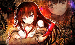 Rule 34 | 1girl, 5pb., arm belt, belt buckle, blue eyes, breasts, brown jacket, buckle, cellphone, cleavage, closed mouth, collarbone, collared shirt, crossed arms, eyebrows, gears, head tilt, holding, holding phone, jacket, long hair, long sleeves, looking at viewer, makise kurisu, migumigu, necktie, nitroplus, open clothes, open jacket, phone, pocket, red hair, red necktie, science adventure, shirt, smile, solo focus, steins;gate, upper body, white shirt, wing collar, zoom layer