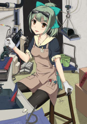 Rule 34 | 10s, 1girl, aqua skirt, black pantyhose, blueprint (object), blunt bangs, brown eyes, bucket, chair, dawn02, eraser, gloves, goggles, goggles on head, grey hair, high ponytail, highres, kantai collection, looking at viewer, pantyhose, pencil, pleated skirt, ponytail, sailor collar, school uniform, serafuku, signature, sitting, skirt, solo, white gloves, wrench, yuubari (kancolle)