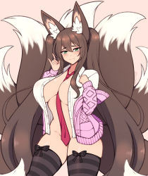 Rule 34 | 1girl, absurdres, animal ear fluff, animal ears, between breasts, black thighhighs, bow legwear, breasts, brown hair, closed mouth, commentary, english commentary, green eyes, hair between eyes, highres, jacket, large breasts, long hair, long sleeves, looking at viewer, multiple tails, necktie, necktie between breasts, off shoulder, open clothes, open jacket, open shirt, original, pink jacket, red necktie, shirt, simple background, smile, solo, standing, striped clothes, striped thighhighs, tail, the scarlet devil, thighhighs, twintails, very long hair, white shirt