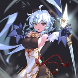 Rule 34 | 1girl, absurdres, ahoge, amos&#039; bow (genshin impact), armpits, bare shoulders, bell, black gloves, black legwear, blue hair, bow (weapon), breasts, chinese knot, detached sleeves, flower knot, ganyu (genshin impact), genshin impact, gloves, gold trim, highres, holding, holding bow (weapon), holding weapon, horns, long hair, looking at viewer, medium breasts, neck bell, parted lips, purple eyes, red rope, rope, sideboob, sidelocks, solo, tassel, thighlet, twitter username, vaffer, vision (genshin impact), weapon, white sleeves