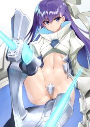 Rule 34 | 10s, 1girl, armor, armored boots, blue eyes, boots, crotch plate, fate/extra, fate/extra ccc, fate (series), hair ribbon, long hair, looking at viewer, meltryllis (fate), meltryllis (third ascension) (fate), navel, purple hair, revealing clothes, ribbon, shunichi, simple background, solo, very long hair, white background