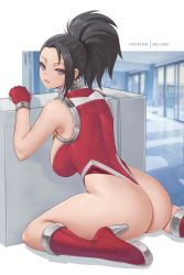 Rule 34 | 1girl, absurdres, ass, asymmetrical bangs, bare shoulders, black hair, boku no hero academia, boots, breasts, forehead, from behind, gloves, high heels, highleg, highleg leotard, highres, knee boots, large breasts, leotard, long bangs, long hair, looking at viewer, looking back, melowh, open mouth, ponytail, purple eyes, red leotard, sideboob, sitting, sleeveless, solo, thong leotard, tsurime, wariza, yaoyorozu momo
