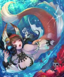Rule 34 | 1girl, absurdres, black hair, breasts, bubble, cleavage, detached sleeves, fangs, fins, head fins, highres, large breasts, mermaid, monster girl, open mouth, original, red eyes, settyaro, ship, skull, solo, tail, underwater, watercraft, webbed hands