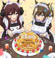 2girls absurdres alternate_costume blue_eyes blush breasts brown_hair cheval_grand_(umamusume) color_neko_(user_yfvc3323) commentary_request confetti enmaided food fork gentildonna_(umamusume) hair_between_eyes hair_ornament highres horse_girl horse_tail large_breasts looking_at_viewer maid medium_breasts medium_hair multiple_girls open_mouth pancake plate red_eyes simple_background spoon table tail umamusume