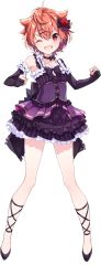 Rule 34 | animal ears, black footwear, breasts, clenched hand, detached sleeves, dress, fang, flower, highres, lapis re:lights, leg strap, looking at viewer, official art, one eye closed, open mouth, orange hair, purple dress, red eyes, red flower, red rose, rose, salsa (lapis re:lights), short hair, small breasts, solo, standing, transparent background
