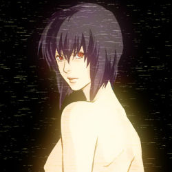 Rule 34 | 1girl, back, bad id, bad pixiv id, black background, breasts, commentary request, ghost in the shell, ghost in the shell stand alone complex, glowing, kusanagi motoko, lips, looking at viewer, looking back, lowres, nape, nipples, parted lips, purple hair, red eyes, short hair, shoulder blades, solo, static, topless, upper body