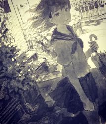 Rule 34 | 1girl, calligraphy brush (medium), can, clenched hand, dutch angle, holding, house, looking at viewer, looking to the side, millipen (medium), monochrome, original, plant, pleated skirt, school uniform, serafuku, short hair, sketch, skirt, smile, solo, texture, tokunaga akimasa, traditional media, umbrella, wind