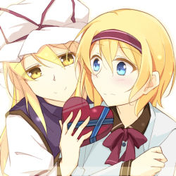 Rule 34 | 2girls, alice margatroid, blonde hair, blouse, blue eyes, blue shirt, blush, bow, bowtie, box, brown shirt, buttons, chocolate, closed mouth, collared shirt, commentary request, dress, eyes visible through hair, faech, food, hair between eyes, hairband, hand up, hat, hat bow, heart, juliet sleeves, long hair, long sleeves, looking at another, mob cap, multiple girls, puffy sleeves, purple bow, purple bowtie, purple hairband, purple vest, shirt, simple background, smile, tabard, touhou, upper body, vest, white background, white dress, white headwear, wide sleeves, yakumo yukari, yellow eyes, yuri