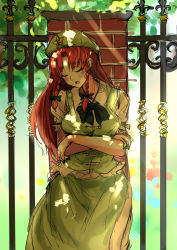Rule 34 | 1girl, beret, blush, bow, bowtie, braid, brick, chinese clothes, cowboy shot, crossed arms, day, closed eyes, fence, hair bow, hat, highres, hong meiling, kourou (kouroukun), light rays, long hair, open mouth, outdoors, red hair, short sleeves, sketch, sleeping, sleeping upright, solo, standing, star (symbol), sunbeam, sunlight, touhou, twin braids, vest, wing collar
