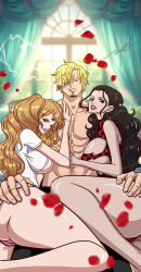 Rule 34 | 1boy, 2girls, ass, black hair, blonde hair, breasts, brown hair, charlotte pudding, cigarette, curvy, dress, elizagm, ffm threesome, group sex, large breasts, looking at viewer, multiple girls, muscular, muscular male, one piece, open clothes, open shirt, panties, petals, sanji (one piece), short hair, sideboob, tan, thick thighs, thighs, third eye, threesome, torn clothes, torn dress, twintails, underwear, viola (one piece)