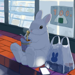 Rule 34 | backlighting, bag, cellphone, convenience store, eating, fork, holding, holding fork, lilac (p-f easy), night, nissin cup noodle, no humans, original, outdoors, phone, plastic bag, rabbit, shop, sign, sitting, smartphone