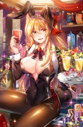 Rule 34 | 1girl, animal ears, bad id, bad pixiv id, black leotard, black pantyhose, blonde hair, bottle, breasts, card, cleavage, cup, drinking glass, fake animal ears, fishnet pantyhose, fishnets, hair between eyes, highres, holding, holding card, holding tray, large breasts, leotard, long hair, long sleeves, on table, original, pantyhose, playboy bunny, playing card, poker chip, rabbit ears, rabbit tail, rijjin, side-tie leotard, sitting, solo, table, tail, tray, wrist cuffs, yellow eyes