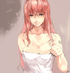 Rule 34 | 1girl, arm behind back, bare arms, bare shoulders, breasts, cleavage, collarbone, female focus, hair between eyes, large breasts, lips, long hair, looking at viewer, megurine luka, naked towel, neck, nobusnow, pink hair, solo, tattoo, towel, upper body, vocaloid, wet, wet hair