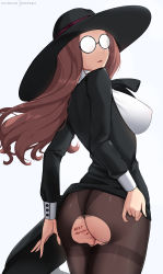 Rule 34 | 1girl, absurdres, arms behind back, ass, black hat, black panties, black sleeves, body writing, breasts, brown hair, closed mouth, commentary, covered erect nipples, cowboy shot, english commentary, from behind, glasses, hat, highres, hioyami, large breasts, large hat, long hair, long sleeves, looking at viewer, panties, pantyhose, pointy nose, sideboob, simple background, solo, spy x family, standing, sylvia sherwood, torn clothes, torn pantyhose, underwear, white background