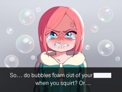 Rule 34 | 1girl, anger vein, angry, blue eyes, blue hoodie, blush, clenched teeth, commentary, english text, foamstars, glass mecha, highres, hood, hood down, hoodie, long hair, nose blush, parted lips, pink hair, snot, soa (foamstars), soap bubbles, solo, swept bangs, tears, teeth, upper body