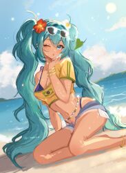 Rule 34 | 1girl, aki hoshino, anklet, aqua hair, artist name, beach, bikini, black bikini, blue eyes, blue shorts, brazilian flag, brazilian miku, breasts, cleavage, cloud, crop top, eyelashes, eyewear on head, flower, hair flower, hair ornament, hatsune miku, heart, highleg, highleg bikini, highres, jewelry, linea alba, long hair, navel, ocean, one eye closed, open fly, red flower, shirt, short shorts, shorts, sky, solo, sun, swimsuit, tan, twintails, vocaloid, white-framed eyewear, white flower, yellow shirt