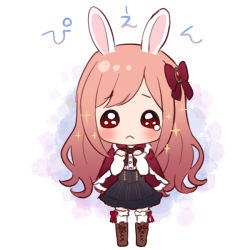 Rule 34 | 1girl, animal ears, black skirt, blush, boots, brown footwear, brown hair, capelet, chibi, chitosezaka suzu, closed mouth, commentary request, cross-laced footwear, emoji, full body, fur-trimmed legwear, fur trim, hands up, lace-up boots, long hair, long sleeves, looking at viewer, original, pleading face emoji, rabbit ears, red capelet, red eyes, shirt, skirt, sleeves past wrists, solo, sparkle, standing, tears, thighhighs, thighhighs under boots, very long hair, white background, white shirt, white thighhighs