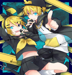 Rule 34 | 1boy, 1girl, :d, ahoge, backwards hat, blonde hair, blue eyes, blush, bow, caution tape, chain, chain necklace, choker, commentary, crop top, hair bow, hair ornament, hair through headwear, hairclip, hand on own hip, hat, headphones, highres, holding, holding microphone, hood, hoodie, index finger raised, jewelry, kagamine len, kagamine rin, kuroi (liar-player), long sleeves, looking at another, looking at viewer, medium hair, microphone, miniskirt, navel, necklace, o-ring, o-ring choker, one eye closed, open mouth, outstretched arm, pleated skirt, pointing, pointing at viewer, ponytail, rettou joutou (vocaloid), school uniform, serafuku, short hair, skirt, smile, thighs, vocaloid
