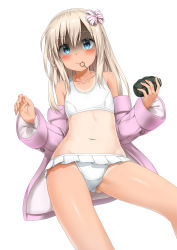 Rule 34 | 10s, 1girl, absurdres, bare legs, bikini, blonde hair, blue eyes, blush, collarbone, explosive, grenade, grenade pin, groin, hair between eyes, hair ribbon, highres, kantai collection, long hair, looking at viewer, mouth hold, navel, nedia (nedia region), one-piece tan, ribbon, ro-500 (kancolle), shaded face, simple background, solo, spoon, sprinkles, swimsuit, tan, tanline, white background, white bikini