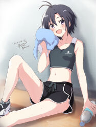 Rule 34 | 1girl, antenna hair, bare shoulders, black eyes, black hair, black shirt, black shorts, black socks, blue towel, blush, bottle, breasts, collarbone, crop top, cropped shirt, dated, dot nose, hand up, holding, holding bottle, holding towel, idolmaster, idolmaster (classic), idolmaster million live!, idolmaster million live! theater days, kikuchi makoto, knee up, looking at viewer, midriff, navel, open mouth, shirt, shoes, short hair, shorts, signature, sitting, sleeveless, sleeveless shirt, small breasts, smile, sneakers, socks, solo, sweat, towel, twitter username, wall, water bottle, wooden floor, yoriyomo