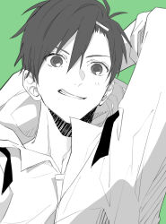 Rule 34 | 1boy, absurdres, arm behind head, arm up, bangs pinned back, commentary, green background, greyscale with colored background, grin, hair between eyes, hair ornament, hairclip, highres, hood, hood down, hooded jumpsuit, kagerou project, long bangs, looking at viewer, male focus, open mouth, portrait, saitou shiori (pixiv14549321), seto kousuke, short hair, simple background, smile, solo, teeth