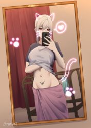 Rule 34 | 1girl, animal ears, blonde hair, cat ears, cat tail, cellphone, clothes lift, grimbell, highres, mirror, navel, original, phone, red eyes, shirt, shirt lift, short sleeves, smartphone, stomach, t-shirt, tail, towel, towel around waist, two-tone shirt