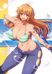Rule 34 | 1girl, ahoge, bare shoulders, bikini, blush, breasts, denim, highres, huge breasts, jeans, looking at viewer, nami (one piece), one piece, open mouth, orange hair, pants, shiny skin, shoulder tattoo, simple background, solo, super nekopunch, swimsuit, tattoo