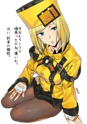 Rule 34 | 1girl, ashiomi masato, black pantyhose, blonde hair, blue eyes, breasts, dress, fingerless gloves, gloves, guilty gear, guilty gear xrd, hat, looking at viewer, medium hair, millia rage, pantyhose, simple background, skirt, smile, solo, translation request, white background