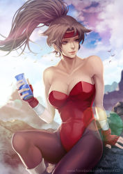 Rule 34 | 1girl, arm support, artist name, bare shoulders, bird, black pantyhose, breakers, breasts, brown eyes, brown hair, can, cleavage, closed mouth, cloud, cloudy sky, collarbone, day, drink can, facebook username, fingerless gloves, gloves, headband, high ponytail, holding, holding can, large breasts, lens flare, leotard, lips, long hair, looking away, magion02, nose, outdoors, pantyhose, playboy bunny, ponytail, signature, sitting, sky, smile, soda can, solo, sweat, tia langray, watermark, web address, wet, wrist wrap