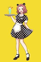 Rule 34 | 1girl, :d, alternate costume, animal ears, apron, artist name, black footwear, brown eyes, cherry, collared dress, commentary, dress, drinking straw, food, fruit, girls und panzer, glass, holding, holding tray, ice cream, ice cream float, katakori sugita, looking at viewer, medium dress, medium hair, mouse ears, open mouth, polka dot, polka dot dress, puffy short sleeves, puffy sleeves, red hair, rosehip (girls und panzer), shoes, short sleeves, signature, simple background, skirt hold, smile, solo, standing, tray, waist apron, waitress, white legwear, yellow background