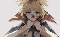 Rule 34 | 1girl, akaiha (akaihasugk), asphyxiation, bleeding, blonde hair, blood, blood on clothes, blood on face, blood stain, bracelet, brown eyes, cape, choke hold, earmuffs, grey background, headphones, injury, jewelry, looking at viewer, nosebleed, pointy hair, simple background, solo, strangling, tears, touhou, toyosatomimi no miko