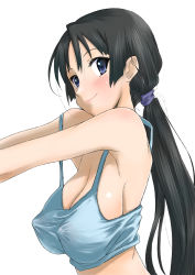 Rule 34 | 00s, 1girl, akiyama mio, alternate hairstyle, black hair, blue eyes, blush, breasts, cleavage, covered erect nipples, derivative work, downblouse, eunos, hime cut, k-on!, large breasts, long hair, no bra, ponytail, purple eyes, sagging breasts, simple background, smile, solo, strap gap, strap slip, tank top, upper body