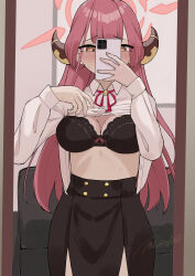 Rule 34 | 1girl, absurdres, aru (blue archive), blue archive, blush, bra, breasts, brown eyes, cellphone, clothes lift, collared shirt, covering own mouth, halo, highres, holding, holding phone, horns, large breasts, long hair, long sleeves, masami atabe, mirror, neck ribbon, phone, pink hair, ribbon, selfie, shirt, shirt lift, skirt, smartphone, solo, sweat, underwear, very long hair