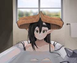 Rule 34 | 1girl, absurdres, bathing, bathroom, bathtub, black hair, commentary, completely nude, day, dragon girl, dragon horns, english commentary, green eyes, highres, horns, kumaartsu, long hair, looking at viewer, mythic live, nako ryu, nude, original, partially submerged, pointy ears, smile, solo, spiked tail, tail, thick eyebrows, virtual youtuber, wet, wet hair, window