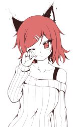 Rule 34 | 1girl, animal ears, bra strap, cat ears, collarbone, expressionless, hair ornament, hairclip, limited palette, off-shoulder, off-shoulder sweater, off shoulder, one eye closed, original, parted bangs, red eyes, red hair, ribbed sweater, rubbing eyes, shokuane, short hair, solo, sweater, upper body, white background, white sweater