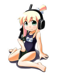 Rule 34 | 1girl, barefoot, between legs, blonde hair, ear protection, flat chest, green eyes, gun, headphones, iris (material sniper), kusaba, kusaba (kusabashiki), material sniper, name tag, one-piece swimsuit, ponytail, rifle, school swimsuit, sitting, smile, sniper rifle, solo, swimsuit, translated, wariza, weapon