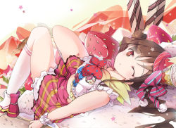 Rule 34 | 1girl, bad id, bad pixiv id, bondson, bow, bowtie, brown eyes, brown hair, commentary request, crop top, food, fruit, hair between eyes, hair bow, hat, highres, idolmaster, idolmaster shiny colors, kneehighs, knees together feet apart, knees up, looking at viewer, lying, on back, one eye closed, plaid, plaid skirt, pout, red bow, red bowtie, scrunchie, shirt, shoes, skirt, sleeveless, sleeveless shirt, socks, solo, sonoda chiyoko, star (symbol), strawberry, top hat, twintails, white shirt, white socks