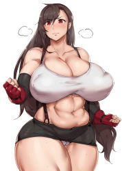 Rule 34 | 1girl, abs, absurdres, bare shoulders, black hair, blush, breasts, cleavage, cleft of venus, closed mouth, collarbone, curvy, earrings, elbow gloves, covered erect nipples, final fantasy, final fantasy vii, fingerless gloves, gloves, highres, huge breasts, jewelry, long hair, midriff, muscular, muscular female, natedecock, navel, panties, plump, puffy nipples, red eyes, shirt, simple background, solo, standing, suspenders, sweat, tank top, taut clothes, taut shirt, thick thighs, thighs, tifa lockhart, toned, underwear, white background, wide hips