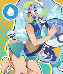 1girl artist_name ball blue_eyes blue_eyeshadow blue_hair blue_lips blue_nails blue_shirt bodystocking character_request cinnabu colored_inner_hair creatures_(company) cropped_shirt crossover eyeshadow flat_chest game_freak green_shorts hair_between_eyes hatsune_miku highres holding holding_ball long_hair looking_at_viewer low-tied_long_hair makeup multicolored_hair nintendo open_mouth orange_hair poke_ball pokemon pokemon_(creature) project_voltage shirt shorts smile solo thick_eyebrows twintails very_long_hair vocaloid water_miku_(project_voltage)