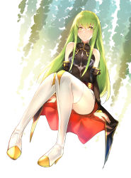 Rule 34 | 1girl, absurdres, black dress, blush, boots, breasts, c.c., code geass, covered navel, detached sleeves, dress, female focus, full body, green hair, high heel boots, high heels, highres, horz, long hair, long sleeves, looking at viewer, medium breasts, parted lips, sidelocks, sitting, smile, solo, thigh boots, thighhighs, very long hair, white footwear, white thighhighs, yellow eyes