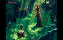 Rule 34 | 1boy, 1other, blonde hair, boots, commentary, deku shield, forest, grass, green headwear, green theme, hat, heart, highres, instrument, letterboxed, link, looking at another, mask, nature, nintendo, nostalgia tree, ocarina, outdoors, pixelated, pointy ears, shield, shield on back, sitting, skull kid, standing, stone wall, sword, the legend of zelda, the legend of zelda: ocarina of time, tree, tree stump, wall, weapon, wooden shield, young link