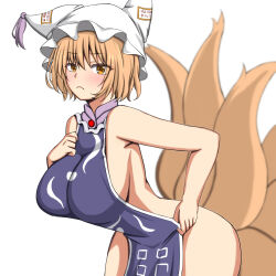 Rule 34 | 1girl, :&lt;, animal ears, bare arms, blonde hair, blue tabard, blush, breasts, clothes grab, covering privates, covering crotch, cowboy shot, embarrassed, female focus, fox ears, fox girl, fox tail, from side, hand on own chest, highres, kitsune, large breasts, leaning forward, looking at viewer, looking to the side, medium hair, no bra, no panties, sideboob, sideless outfit, simple background, solo, standing, sumari, tabard, tail, thighs, touhou, two-tone tabard, white background, white headwear, white tabard, wide hips, yakumo ran, yellow eyes